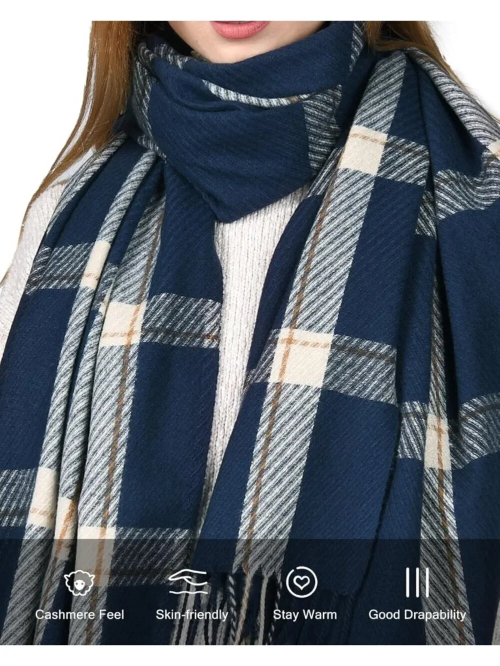 Women's Navy Shawl Soft Tassel Plaid Large Scarves Wraps Neck Scarves